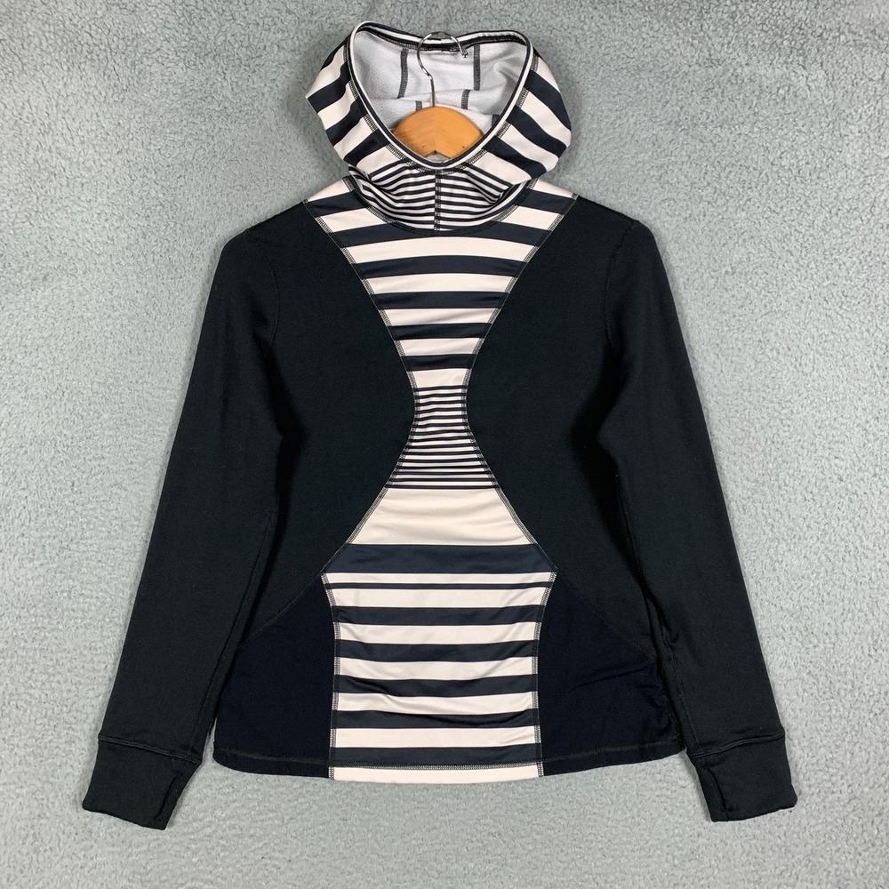 Erin Snow Hoodie‎ Women's Medium M Black/White Striped Pullover High Neck Fleece